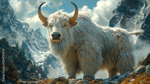 Majestic white yak standing in a mountainous landscape under a bright blue sky