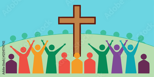 Christianity concept with a group of people with raised hands and with crosse behind them. Vector illustration. 