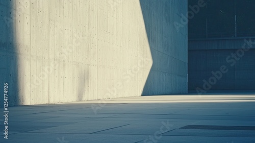Minimalist architectural space with shadows, showcasing concrete walls and soft lighting effects