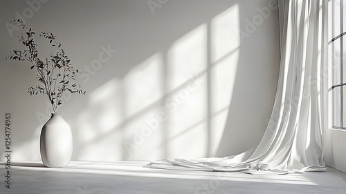 Minimalist interior with white curtains and vase, soft shadows creating a serene atmosphere