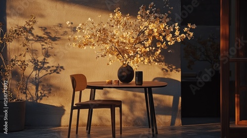 A serene indoor scene featuring a wooden table with a vase of flowers, warm lighting, and shadows