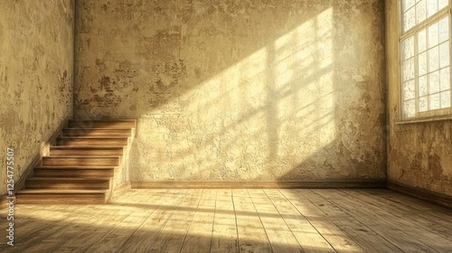 Sunlight streaming through a dusty window onto a vintage wooden staircase in an empty room