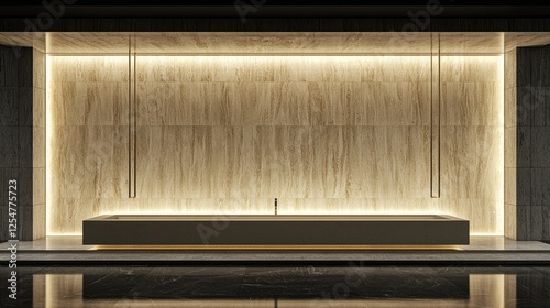 Modern bathroom interior featuring a sleek bathtub under warm ambient lighting, minimalist design