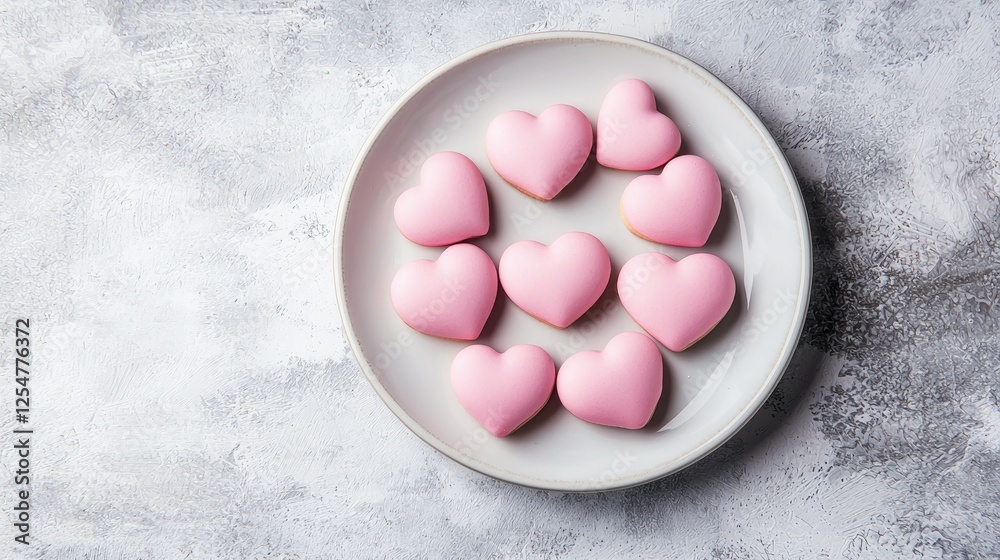Pink Heart-Shaped Sweets on a Round Plate with Gray Texture Background Pink Heart-Shaped Sweets on a Round Plate with Gray Texture Background