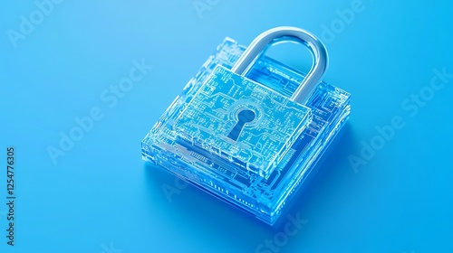 Transparent digital padlock with circuit design on blue background representing cybersecurity and data protection