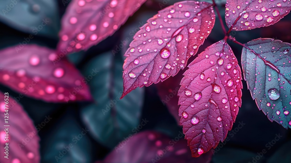 Glow forest concept. Close-up of vibrant leaves with droplets, showcasing nature's beauty and freshness. Glow forest concept. Close-up of vibrant leaves with droplets, showcasing nature's beauty and freshness.