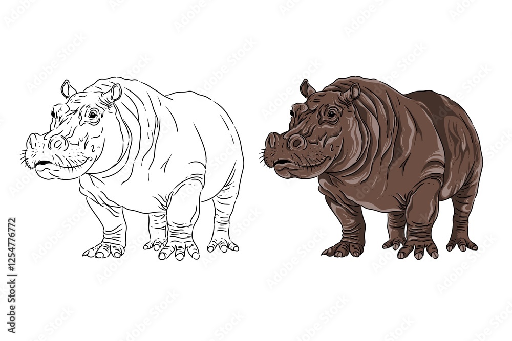 Obraz premium Hippopotamus image. Hippo sketch. Can be used as a book illustration. Illustrated hippo coloring book