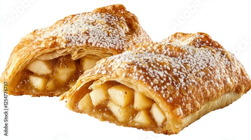 A warm apple strudel with flaky golden pastry, isolated with no background. 