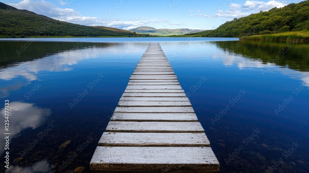 Naklejka premium Serene lake with wooden pier, mountain view, calm waters, peaceful nature scene for travel brochures