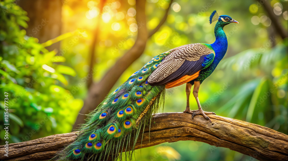 Naklejka premium Indian peacock perched on tree branch in sunlight