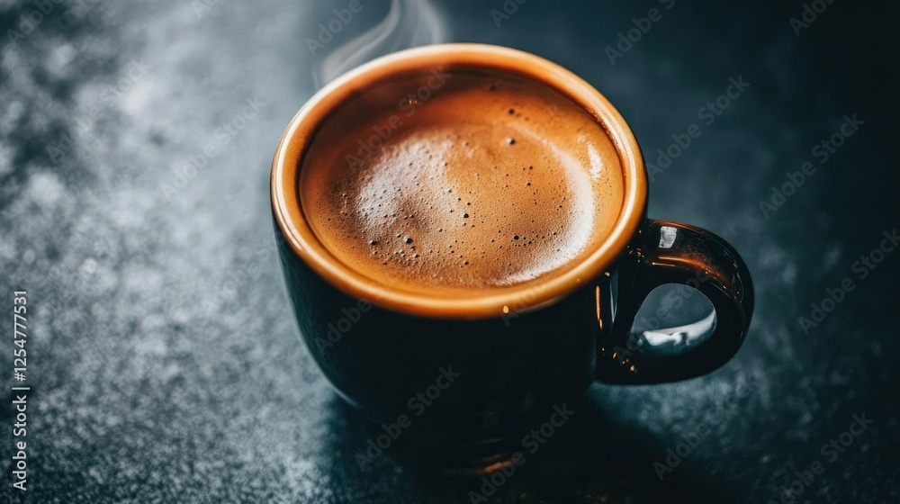 A close-up of a dark, steaming coffee cup on a black surface, with a hint of creamy foam on top. A close-up of a dark, steaming coffee cup on a black surface, with a hint of creamy foam on top.