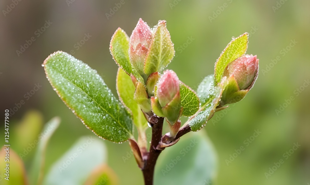dew-covered buds and leaves in springtime, Generative AI dew-covered buds and leaves in springtime, Generative AI