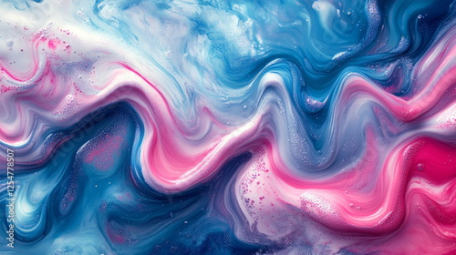 Abstract colorful fluidized colorful background. A painting of a blue and pink wave with the words the ocean on it. Vibrant white pink and Blue Waves with Gradient Effect Dynamic Modern Abstract Digit