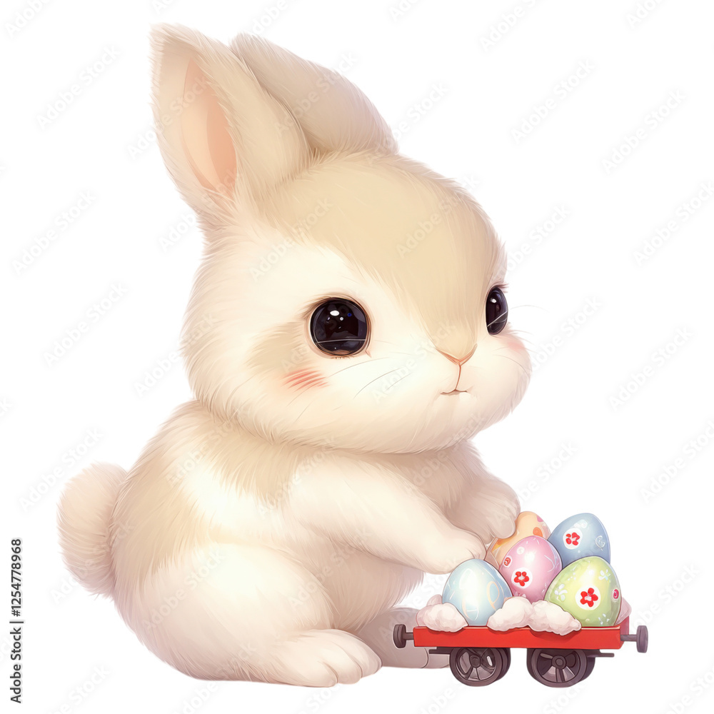 A cute bunny arranging colorful Easter eggs on a small cart. A cute bunny arranging colorful Easter eggs on a small cart.