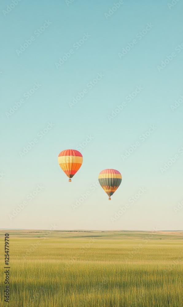 Fototapeta premium Colorful hot air balloons float gracefully over an expansive green field during a clear day. Generative AI