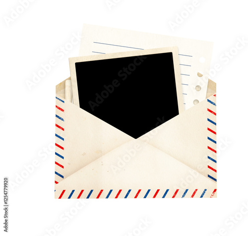 Top view of blank vintage aged opened letter paper envelope with striped edges and photo and card inside. Retro photo frame in old envelope with blank card. Isolated on white background