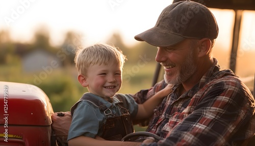 Grandfather and grandson share happy moment on farm tractor