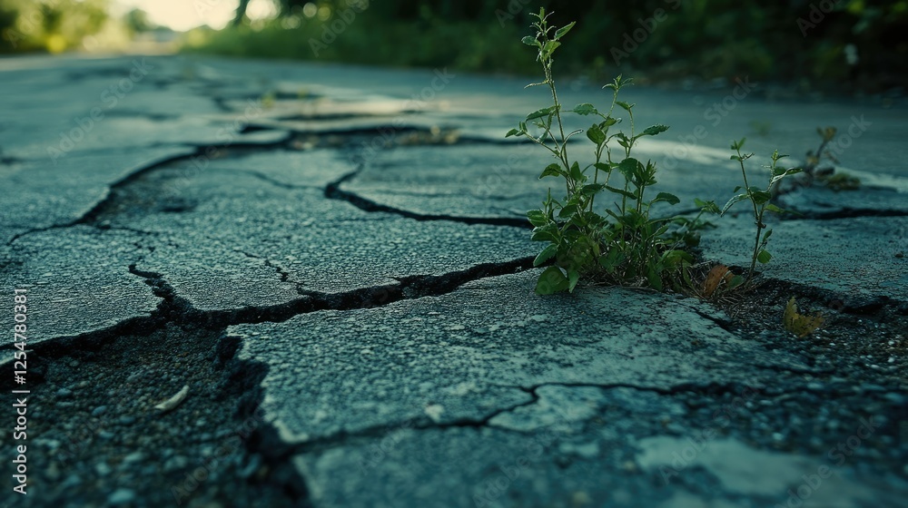 Fototapeta premium A close-up of deep asphalt cracks stretching across a worn road surface, with weeds growing through the gaps.