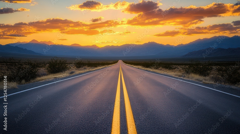 Naklejka premium Desert highway sunset, mountains background, travel, freedom