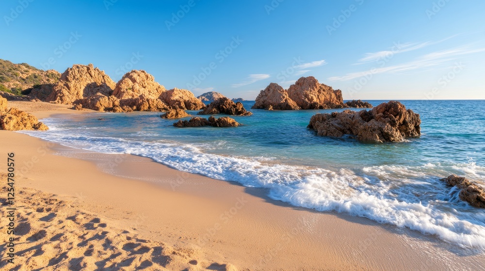 Sandy beach, turquoise water, rocky coastline, clear sky, gentle waves lapping shore; idyllic vacation scene Sandy beach, turquoise water, rocky coastline, clear sky, gentle waves lapping shore; idyllic vacation scene