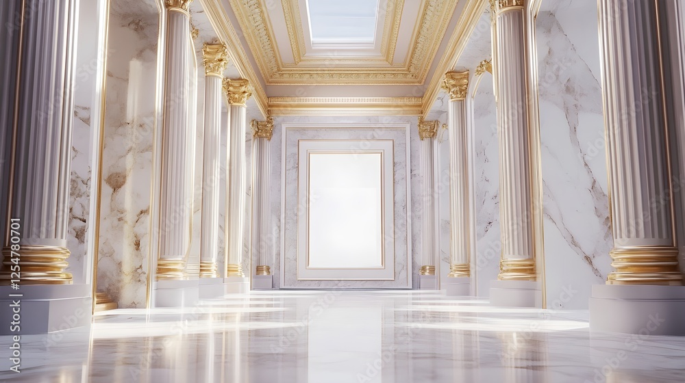 Fototapeta premium A grand marble hallway with high ceilings, gold accents, and a large white frame hanging symmetrically.