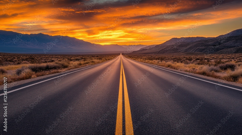 Naklejka premium Desert highway sunset, mountains background, travel freedom (2)