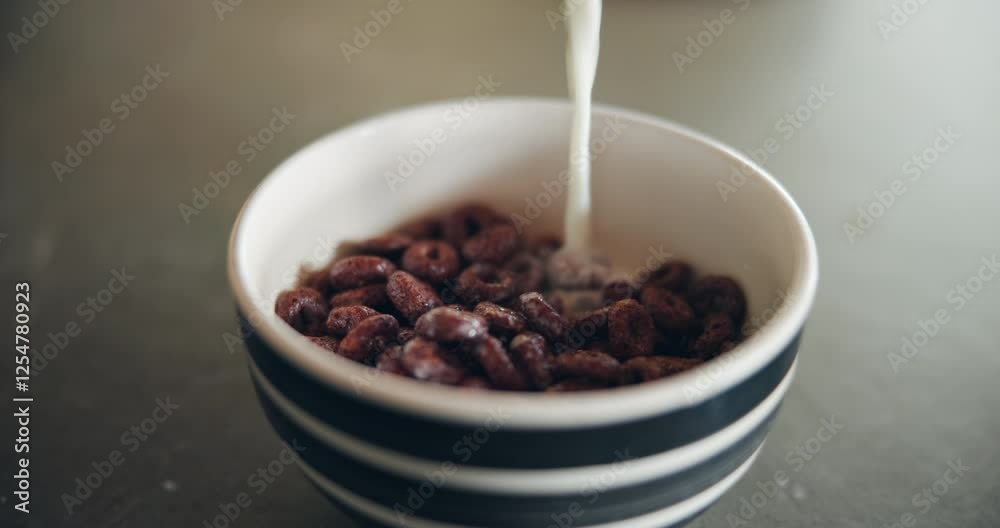 Cereal, breakfast and pouring milk in bowl for healthy nutrition, calcium and fiber meal on table. Chocolate rings porridge, dairy and protein diet for wellness, energy and lunch snack in apartment Cereal, breakfast and pouring milk in bowl for healthy nutrition, calcium and fiber meal on table. Chocolate rings porridge, dairy and protein diet for wellness, energy and lunch snack in apartment
