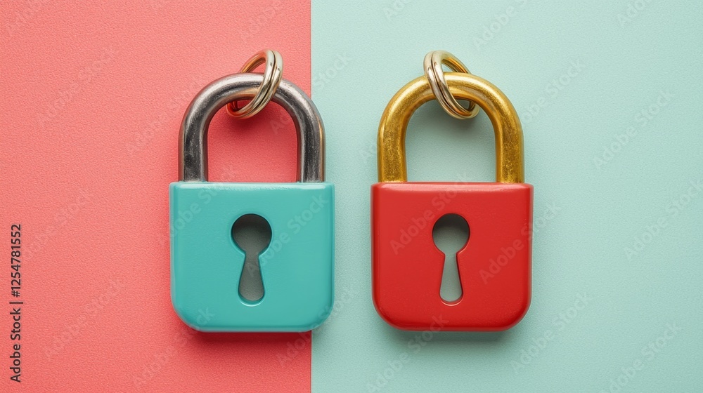 Colorful locks on contrasting pastel backgrounds symbolizing security protection and safety concepts in modern design Colorful locks on contrasting pastel backgrounds symbolizing security protection and safety concepts in modern design