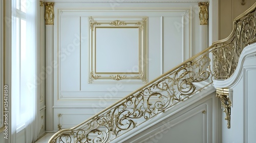 A grand staircase in a luxury hotel with an ornate golden railing and a white frame mounted on the wall.