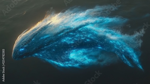 Abstract digital illustration of a luminous creature, resembling a large aquatic life form, composed of swirling particles of light and dark blue photo