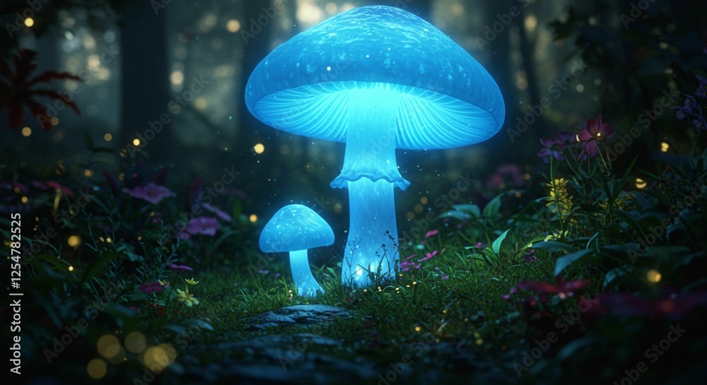 Fototapeta premium Magical Glowing Mushrooms in Enchanted Forest Night Scene