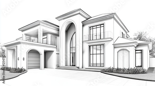 Modern architectural design of a spacious white house with large windows and elegant features