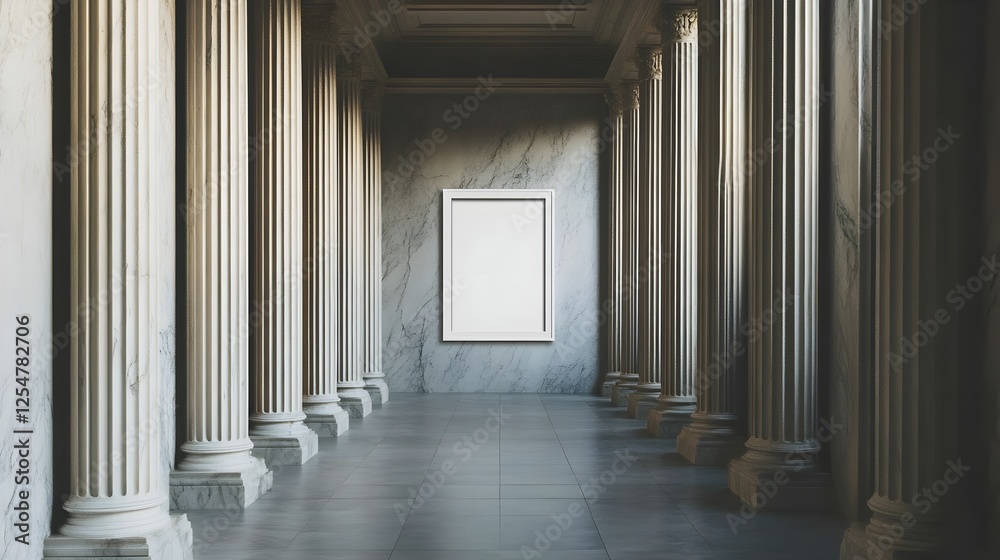A hallway lined with intricate marble pillars and a single white frame on a textured wall. A hallway lined with intricate marble pillars and a single white frame on a textured wall.