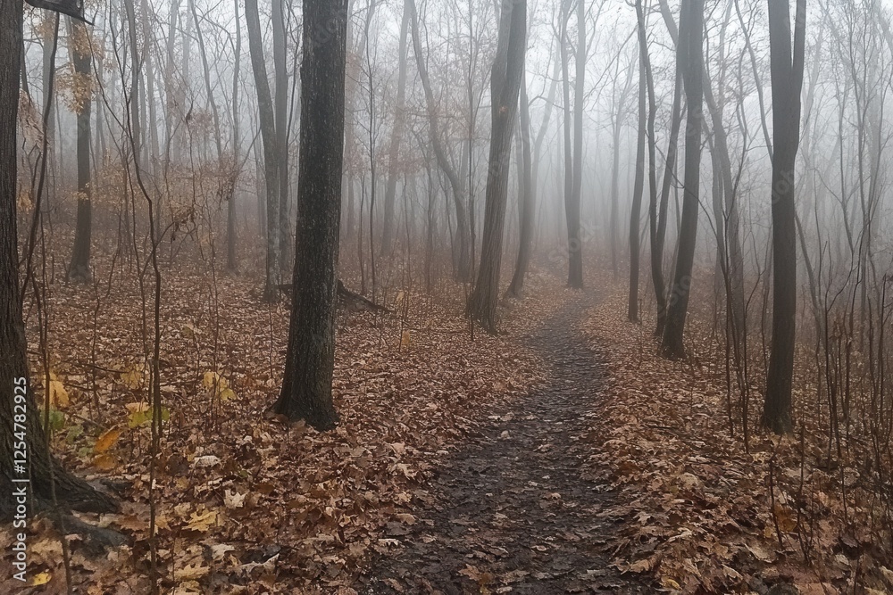 Obraz premium Misty autumn path through leaf-covered woods. Ideal for themes of mystery, peace, or fall.