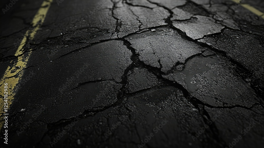 A cracked and chipped asphalt road surface, with potholes and rough texture from constant use. A cracked and chipped asphalt road surface, with potholes and rough texture from constant use.