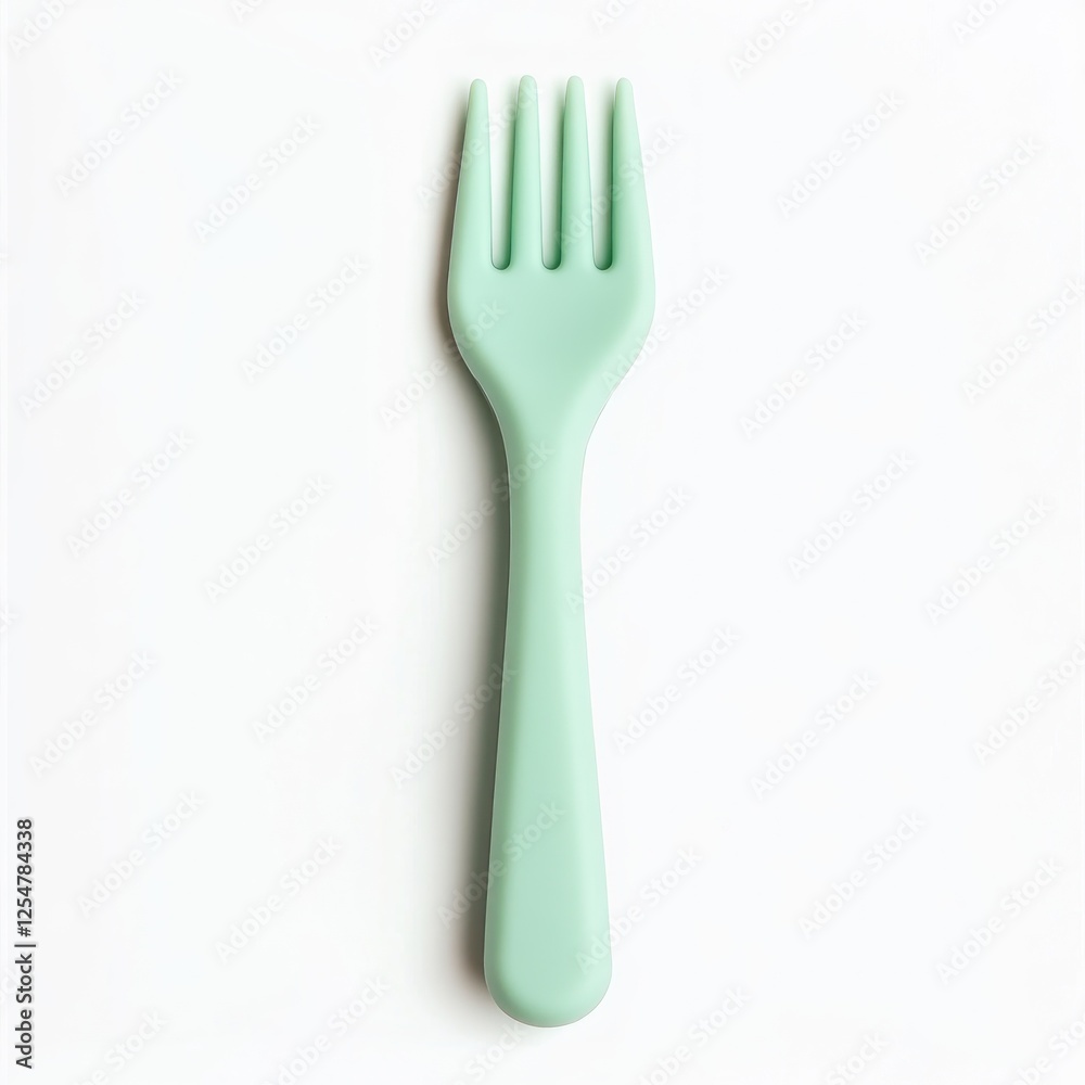 Mint green plastic fork on white background, food utensil
