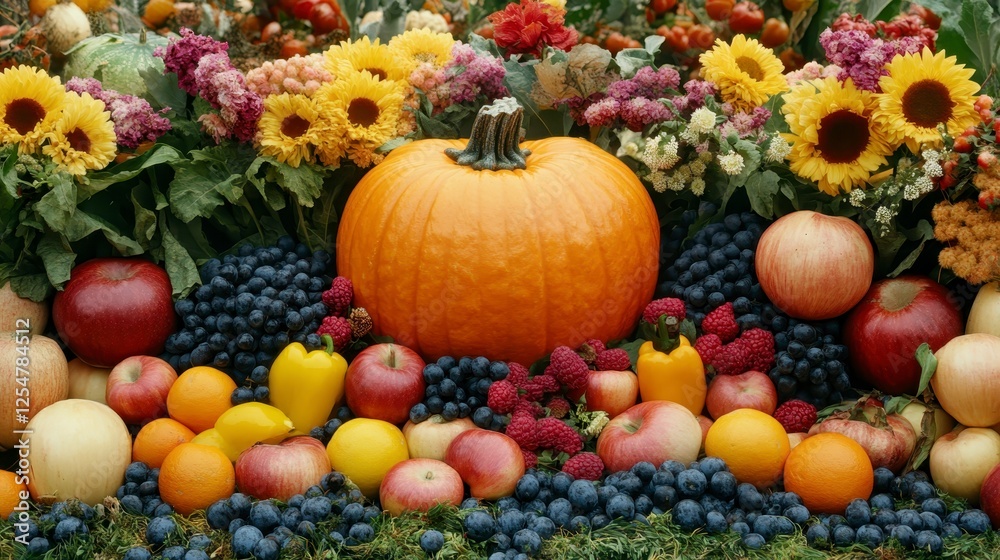 A bountiful autumn harvest display features a large orange pumpkin surrounded by colorful fruits and flowers, including sunflowers, grapes, apples A bountiful autumn harvest display features a large orange pumpkin surrounded by colorful fruits and flowers, including sunflowers, grapes, apples