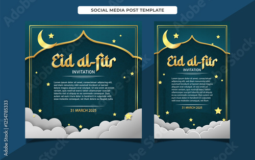 Eid Al-fitr banner design for invitation card with moon, star and cloud decortion