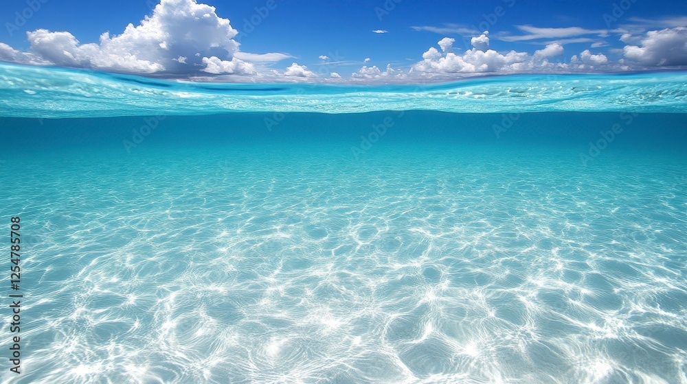 Obraz premium Clear turquoise shallow water, sunlight reflecting on the surface, fluffy white clouds in a brilliant blue sky above, underwater view, serene