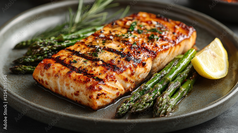 Paleo grilled fish served with asparagus and lemon wedges on a ceramic plate