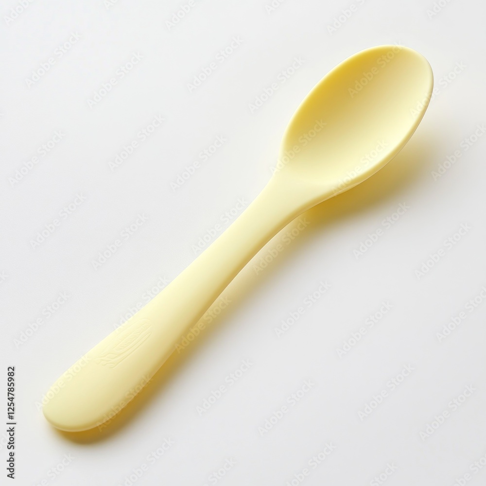 Pale yellow plastic spoon on white background, food serving Pale yellow plastic spoon on white background, food serving