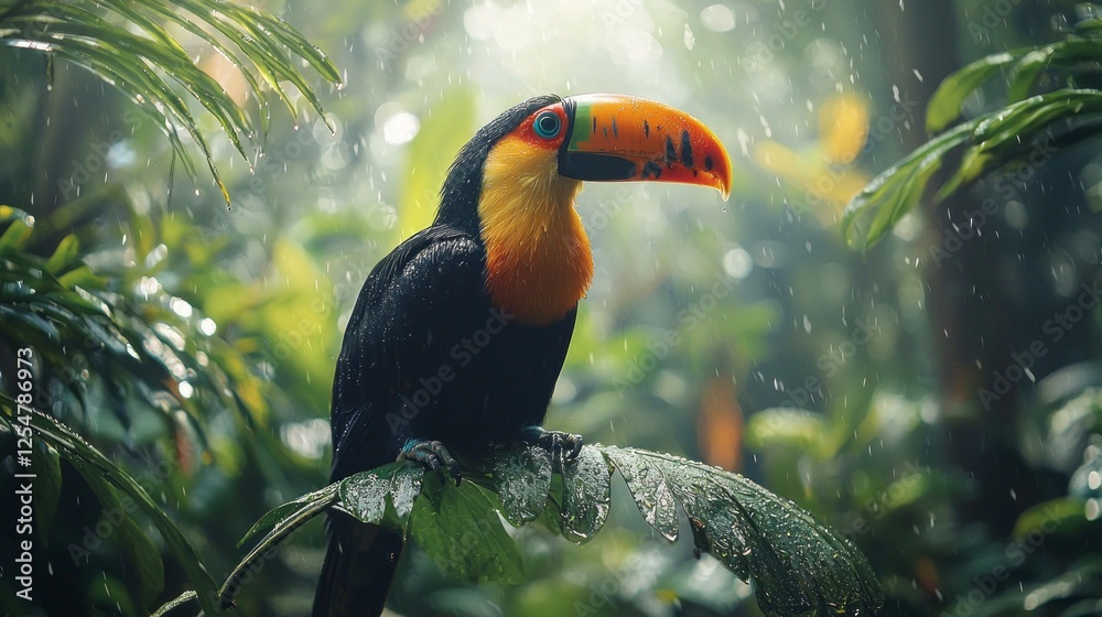 Obraz premium A striking toucan sits elegantly on a leaf, surrounded by rich foliage in a vibrant rainforest. Raindrops glisten on the leaves, enhancing the scene's lush beauty and tranquility
