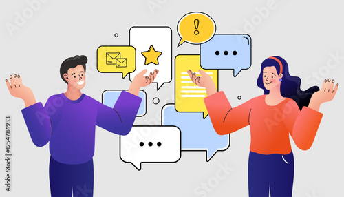 Businessman talking with multiple speech bubbles. Verbal or oral communication skill. public speaking. storytelling or explanation. talking or discussion. telling message or speech concept. vector