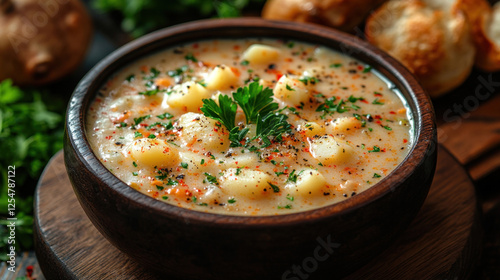 Seafood chowder with clams, potatoes, and cream garnished with fresh parsley photo