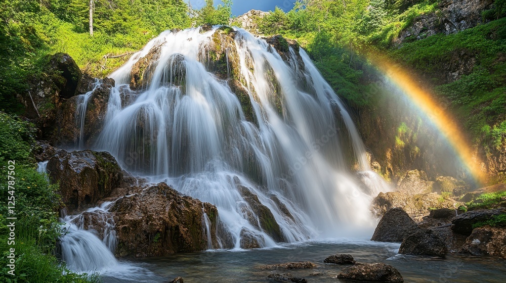 Fototapeta premium Water cascading over rocks, vibrant arc over the falls, lush green forest background, natural light and shadow patterns, tranquil atmosphere, outdoor