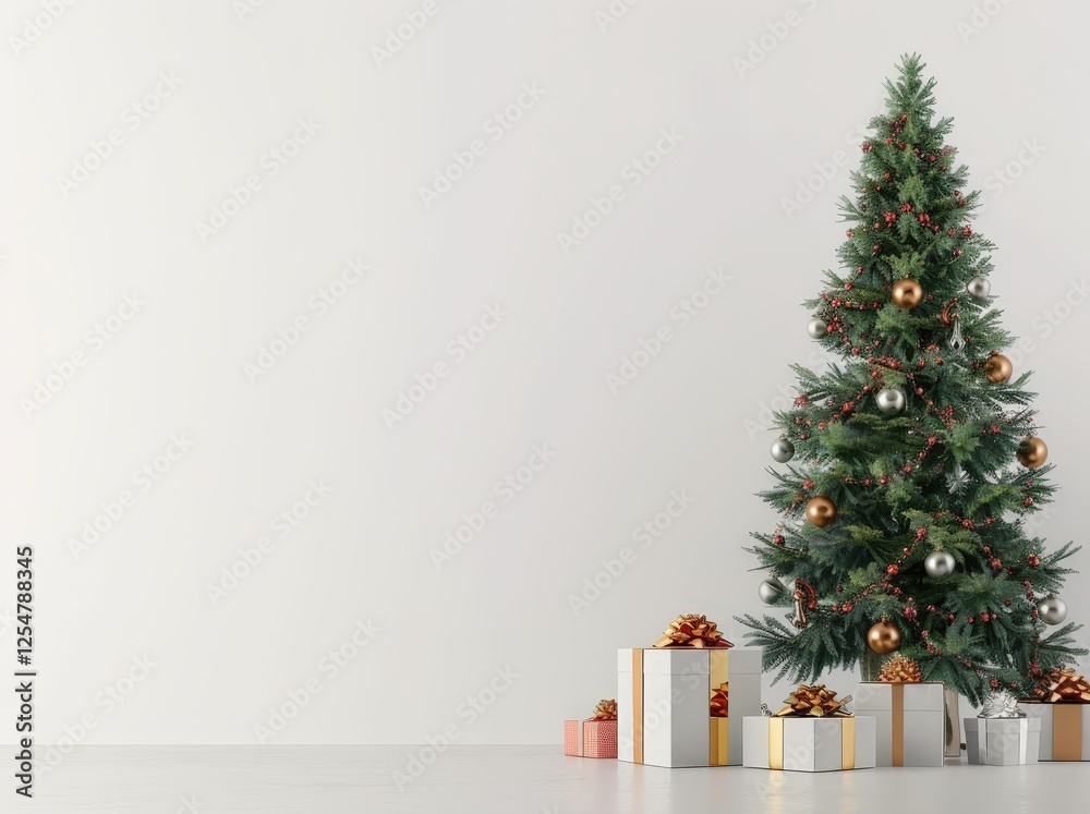 Fototapeta premium A decorated Christmas tree with gifts at the base stands in front of a white wall