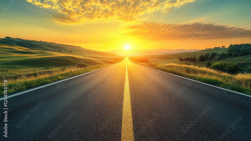 Naklejka premium Asphalt road sunset landscape, journey ahead, hills, travel