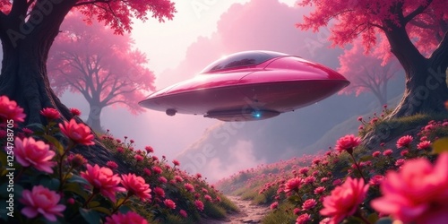 Wallpaper Mural A Pink Spaceship Descends Gently Over a Path Through a Field of Vibrant Blossoms in a Dreamlike Landscape Torontodigital.ca