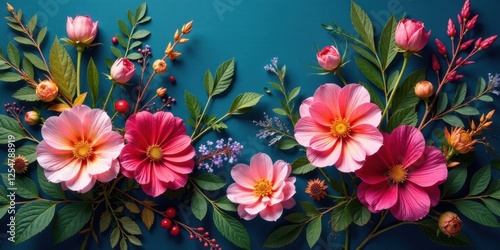 A vibrant arrangement of pink and coral blossoms, interspersed with lush green foliage and autumnal berries, creates a captivating floral display against a deep teal backdrop.