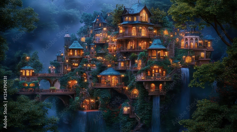 Obraz premium Enchanted forest village with glowing houses nestled in a waterfall, pixel art style, night time, warm lighting, intricate architecture, nature